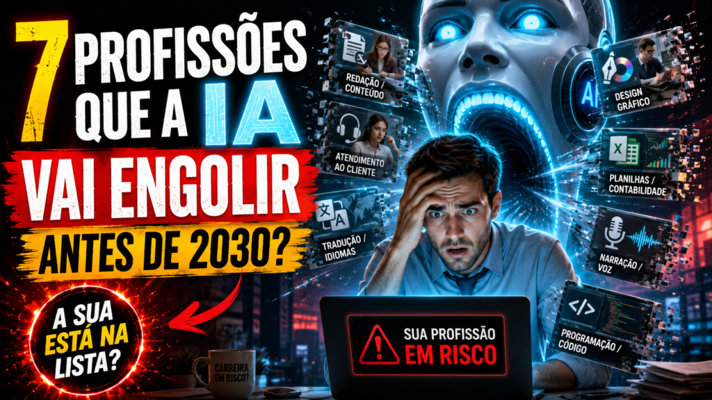A Inteligência Artificial vai transformar o mercado de trabalho até 2030. Veja 7 profissões mais vulneráveis à automação e o que ainda pode sobreviver.